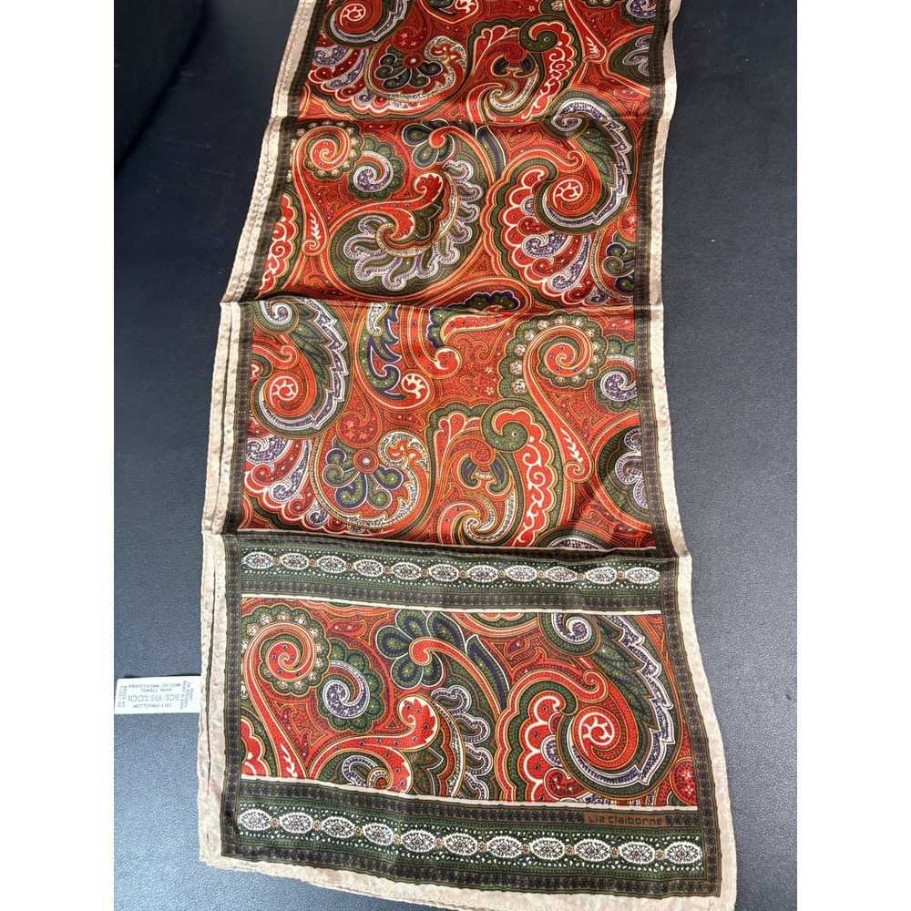 Liz Claiborne Vintage 100% Silk Paisley Scarf Red Green Gold Made in Japan 50x10